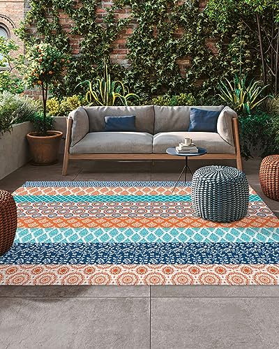 Large Outdoor Rug 4'x6' for Patio Indoor Outdoor Area Rug Art Boho Style Geometric Texture Turquoise Blue Rugs Outside Patio Rugs Camping Carpet Mat for Spring Picnic - color: Bohemiahoe8842, size: 4' x 6' (Rectangular)