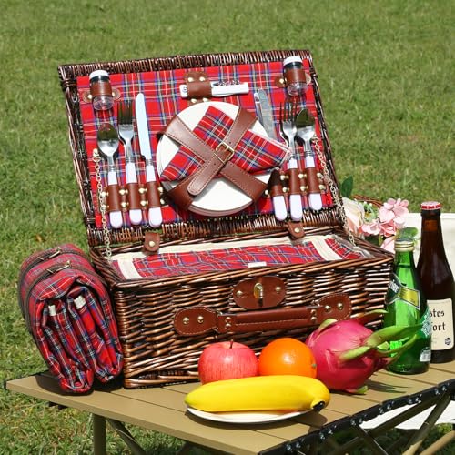 Neti Neti Wicker Picnic Basket for 4 with Insulated Cooler & Waterproof Blanket – Large Willow Picnic Hamper for Outdoor, Camping, Beach, Romantic Dates, Valentine’s Day - color: Red & Blue Checkered