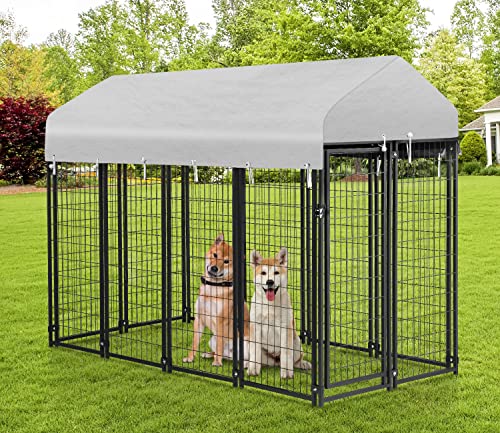 PayLessHere Welded Wire Dog Kennel Heavy Duty Playpen Included a Roof & Water-Resistant Cover Outdoor Heavy Duty Galvanized Metal Animal Pet Enclosure for Outside (8 x 4 x 6 Ft) - size: 94.0"L x 47.0"W x 71.0"H