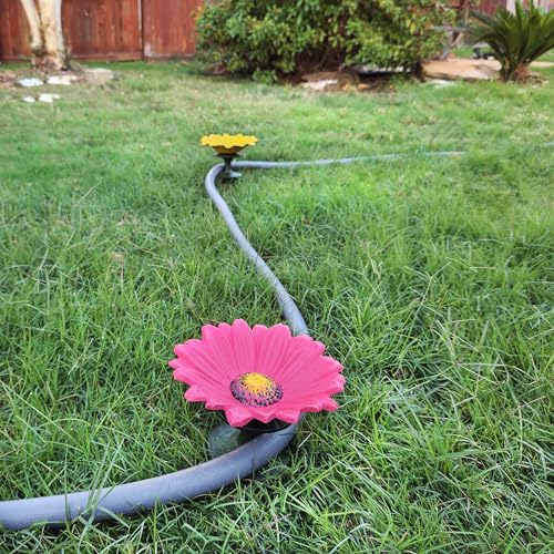 Lulu Decor, 100% Cast Iron Pink, White & Yellow Daisy Hose Guide (Set of 3) with Birds Water Feeder, Garden Hose Guide Spike, Rust Free Guide & Helps with Plant Protection