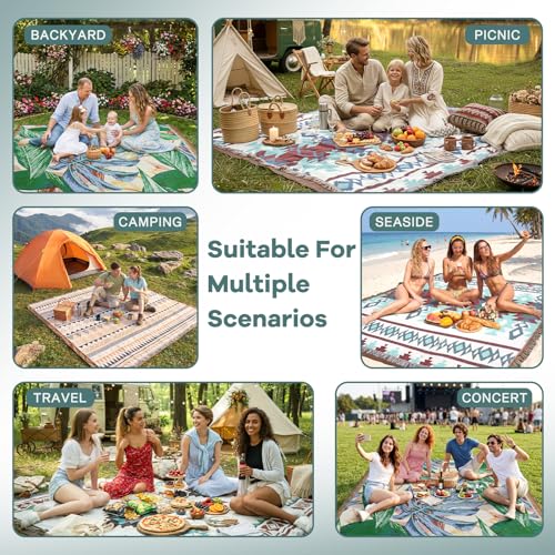 2 in 1 Extra Large Outdoor Picnic Mat Woven Summer Throw Blanket Boho Giant Beach Travel Essential Yoga Accessories Park Patio Lawn Garden Grass Ground Play Music Festival Concert Must Have - color: Boho Beige