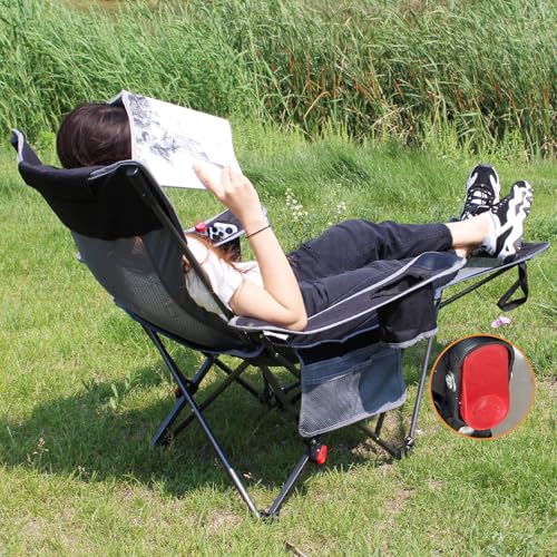 Reclining Camping Chair with Removable Footrest Lounge Chair with Headrest, Cotton Cushion, Portable Adjustable Folding Chairs - color: Black, size: 2 pack