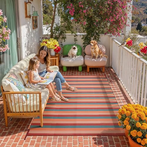 PureCozy Outdoor Waterproof Patio Rug 5x8 Plastic Straw Reversible Outside Orange Red Colorful Striped Carpet Lightweight Large Rug for Camping RV Porch Deck Balcony Beach - color: Stripe | Orange Red, size: 5' x 8' (Rectangular)