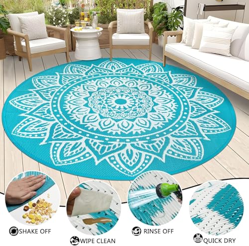 famibay Round Outdoor Rug 8ft Outdoor Plastic Straw Rug Boho Round Patio Rugs Outdoor Waterproof Reversible Camping Rug Potable Lightweight Circle Outdoor Rug for Patios Backyard Camping Porch(Teal) - color: Teal, size: Round 8ft