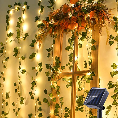 Brizled Solar Vine String Lights, 33ft 100 LED Solar String Lights, 8 Modes Artificial Ivy Leaf Solar Plant Vine Lights, Outdoor Ivy Fairy Lights for Outside Wedding Garden Fence Wall Hanging Decor - color: Warm White-Ivy