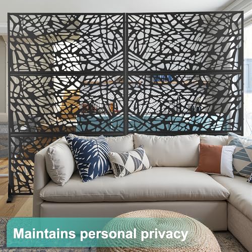 Modern Metal Privacy Screen, Patio Outdoor Privacy Panels with Stand, Freestanding Outdoor Divider for Yard, Deck＆Garden(71.3"*47.3"*15.7") - color: Black,Leaf Vein