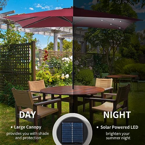 Outsunny 9' x 7' Solar Umbrella, LED Lighted Patio Umbrella for Table or Base with Tilt & Crank, Outdoor Umbrella for Garden, Deck, Backyard, Pool, Beach - color: Red