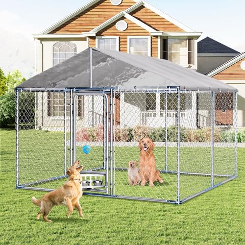 Grepatio Outside Dog Kennel with 2 Rotating Feeder Bowls, 10'x10' Outdoor Dog Kennel with Waterproof, Dog Enclosure for Large Dogs, Dogs Kennels Run Dog Playpen Fence with Secure Lock (10x10 FT) - size: 10x10 FT
