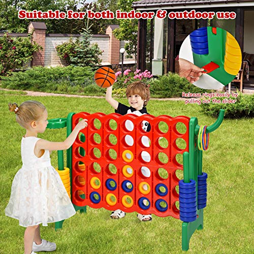 Costzon Giant 4-in-A-Row, Jumbo 4-to-Score Giant Game w/Basketball Hoop, Ring Toss, Quick-Release Slider, 42 Jumbo Rings, Indoor Outdoor Family Connect Game for Kids & Adults, Backyard Games, Green - color: Red/Green