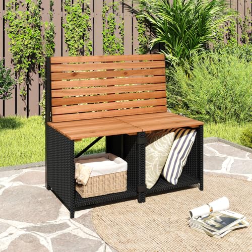 Tangkula 2-in-1 Outdoor Convertible Bench, Transforming Interchangeable Picnic Table Garden Loveseat with Metal Frame, PE Rattan Acacia Wood Foldable Table and Chairs Set for Porch, Backyard & Deck - color: Black, size: 66"