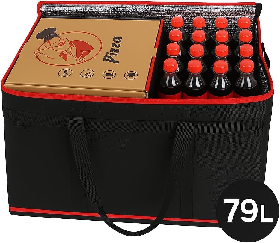 Bodaon XXXL Insulated Food Delivery Bag with Hard Bottom & 6-Cup Drink Carrier, Professional Pizza Delivery Bag for Commercial Catering, Thermal Frozen Grocery Bags, Heavy-Duty Hot Cold Carrier - color: Black-red Bag with Drink Carrier, size: 23" x 14" x