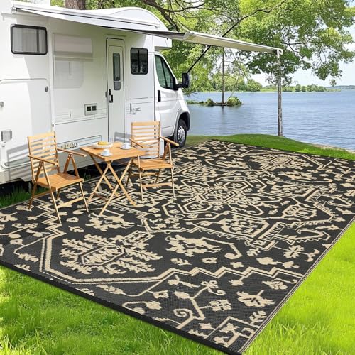 GarveeHome 8x10 Outdoor Rugs Vintage Medal Reversible Plastic Straw Rug UV Resistant Non Shedding Camping Carpet Fold Portable Outside Carpet Mat for RV Porch Backyard Balcony Pool Side, Black Brown - color: Vintage | Black Brown, size: 8' x 10' (Rectangu