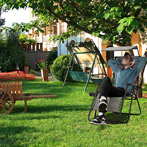 Homall Zero Gravity Chair Patio Lawn Chair Lounge Chair Folding Recliner Adjustable Outdoor with Canopy Shade,Cup Holder (Grey) - color: Grey