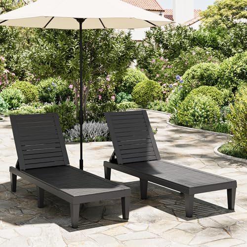 NUNU LAB Outdoor Chaise Lounges Set of 2, 5-Position Adjustable Patio Recliners with All-Weather Resin, Sun Loungers for Deck, Garden, Beach, Pool Sunbathing (Black Wood Grain, Set of 2) - color: Black Wood Grain, size: Set of 2
