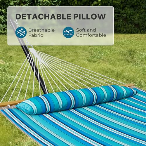SUPERJARE Hammock with Stand, 2 Person Quilted Outdoor Hammock, Detachable Pillow & Bamboo Spreaders, Portable Hammock with Carrying Bag, Heavy Duty Stand, Perfect for Outside, Patio, Aqua Blue - color: Aqua Blue, size: 55.1"W × 74.8''D × 43.3''H
