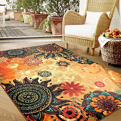 Contemporary Boho Retro Style Abstract Living Room Floor Carpets,Non-Skid Indoor Large Area Rugs,52"x75" Lotus - size: 4'4" x 6'3" (Oblong)
