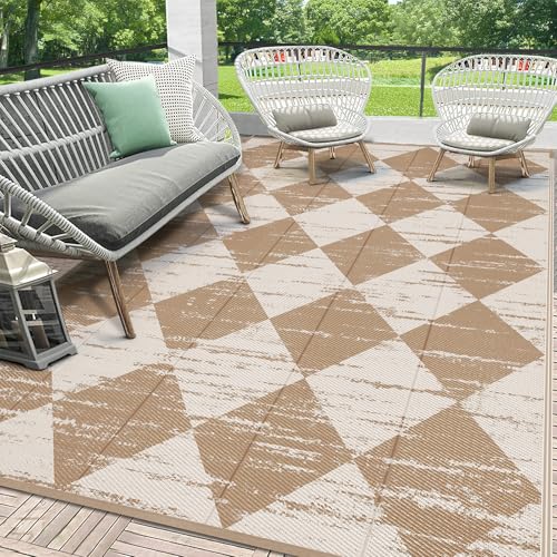 HEBE Checkered Outdoor Rug Waterproof 8x10, Reversible Plastic Straw Rug RV Camping Rug, Indoor Outdoor Patio Mat Clearance, Outside Carpet for Porch, Deck, Camper, Balcony, Backyard, Picnic - color: Light Beige, size: 8' x 10' (Rectangular)