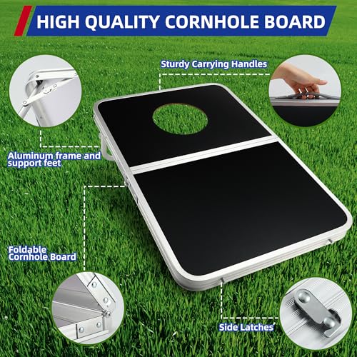 Portable Cornhole Board Set with Aluminum Alloy Edging,2x1.3ft Foldable Corn Hole Games for Adults and Family with 8 Bean Bags for Outdoor Backyard Travel Tailgate Camping - color: Black
