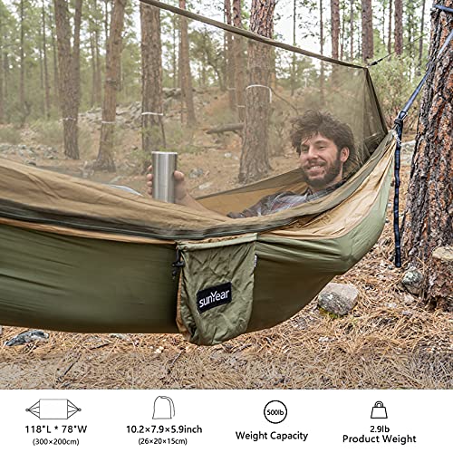 Sunyear Hammock Camping with Rain Fly Tarp and Net, Portable Camping Hammock Double Tree Hammock Outdoor Indoor Backpacking Travel & Survival, 2 Tree Straps,100% Waterproof - color: Green/Khahi（no Rain Fly）, size: 78"W*118"L