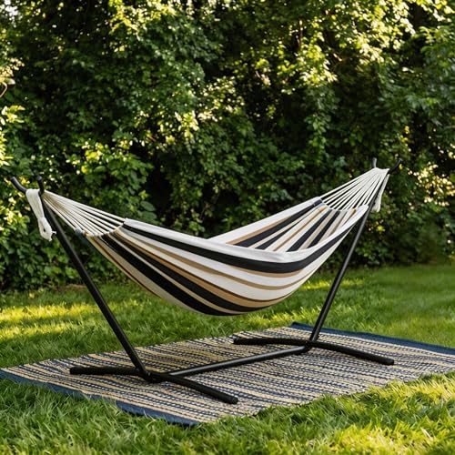 Double Hammock with Steel Stand - 2 Person Hammock Bed Indoor Outdoor, Brazilian-Style, with Carry Bag, 450lb Capacity, Portable & Easy Assembly, Coffee - color: Coffee