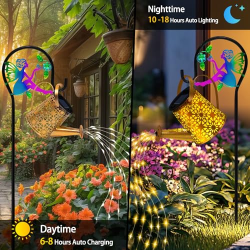 Solar Lights Garden Decorative, Solar Watering Can with Cascading Lights, Waterproof Metal Lantern with Fairy Shepherd Hook, Outdoor Decor for Yard, Patio, Lawn, and Pathway, Gardening Gifts for Mom - color: Flower Fairy, size: 1 Pack