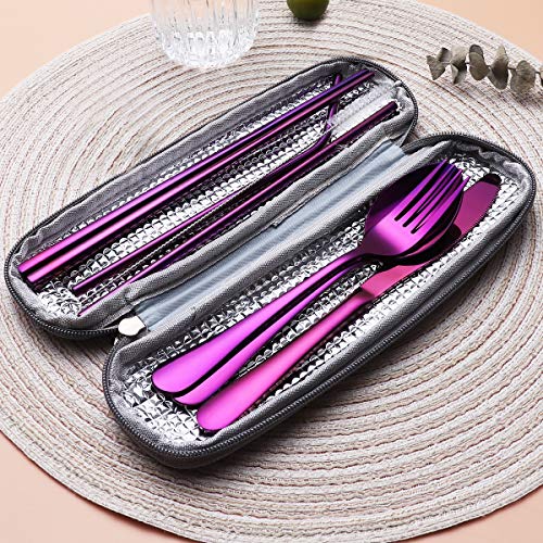 8-Piece Portable Stainless Steel Flatware Set, Travel Camping Cutlery Set with Purple Waterproof Case - color: Purple