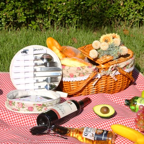 Wicker Picnic Basket with Handle, 15" Large Picnic Basket with Lid & Removable Liner, Vintage Hand Woven Basket with Cutlery Set for Picnics, Camping, Thanksgiving, and Birthday - color: Flower, size: 4-person