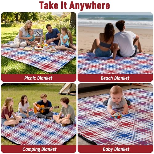 Doonly Picnic Blanket, 78" x 78" Large Waterproof Sandproof Beach Blanket, Foldable Outdoor Blanket Picnic Mat for Beach, Camping, Park, Grass, Lawn, Travel (Blue/Red/White) - color: Blue/Red/White