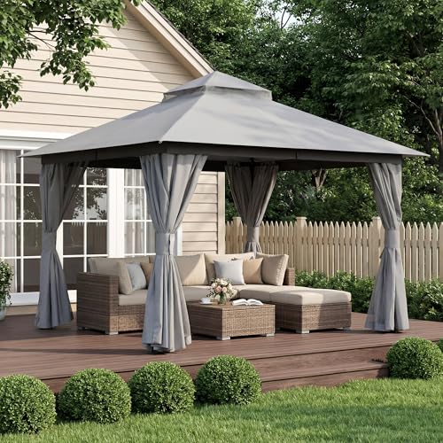 LAUSAINT HOME 10'x10' Outdoor Patio Gazebo, Heavy Duty Party Tent & Shelter with Double Roofs, Mosquito Nettings and Privacy Screens for Backyard, Garden, Deck (Grey) - color: Gray, size: 10'x10'