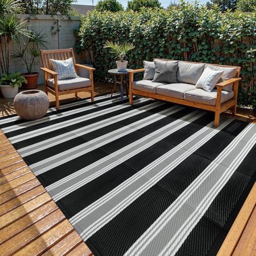 Lahome Striped Outdoor Rug Waterproof, 6x9 Reversible Outdoor Plastic Straw Rug for Camping, RV Patio Rugs Large Carpet for Porch Deck Backyard Balcony Picnic(Black/Grey,6'x 9') - color: Black/Multi, size: 6'x9'