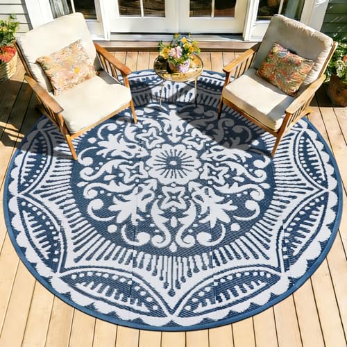 Capslpad 5x5 Floral Outdoor Rug for Patio Clearance Reversible Mat Round Portable Plastic Straw Carpet Waterproof Boho Indoor Outside Area Rugs for RV Camping Picnic Balcony Beach Deck, Blue - color: Blue, size: 5' (Round)