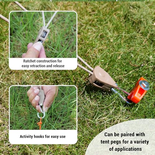12 Pack Screw in Tent Stakes Heavy Duty-8” Metal Pegs for Ground, Drill in Camping Stake with Ratchet Tie Downs, Hex Head Driver, Spikes Puller, Protectors in a Carrying Bag, for Hiking - color: luminous with ratchets