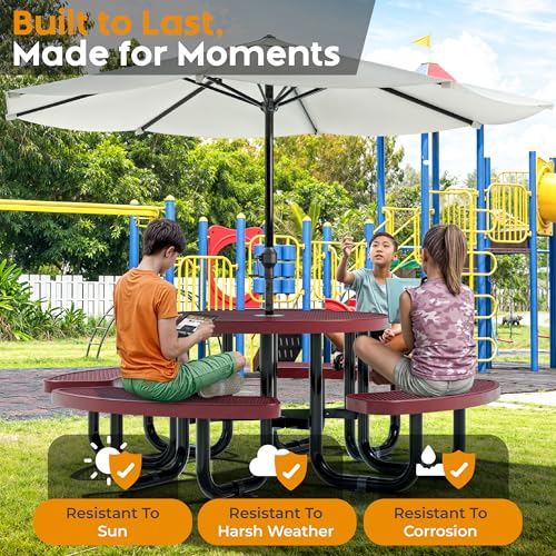 Round Metal Picnic Tables for Kids for Outdoors with Umbrella Hole, Adjustable Seats for School, Park, Playground (Red, 38 in, Kids, Expanded Steel) - color: Red, size: 38 In, Kids, Expanded Steel