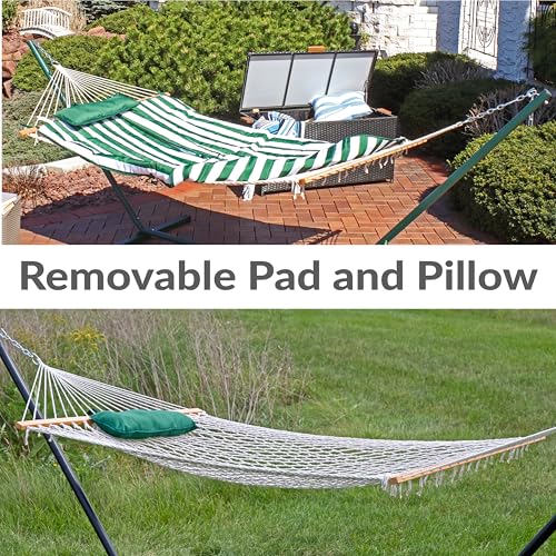 Sunnydaze Rope Hammock with Stand for Outside - Heavy Duty Freestanding Portable Outdoor Hammock Set with Quilted Pad, Pillow, and 12-Foot Steel Frame - 275 lb Capacity - Green & White Stripe - color: Green and White Stripe