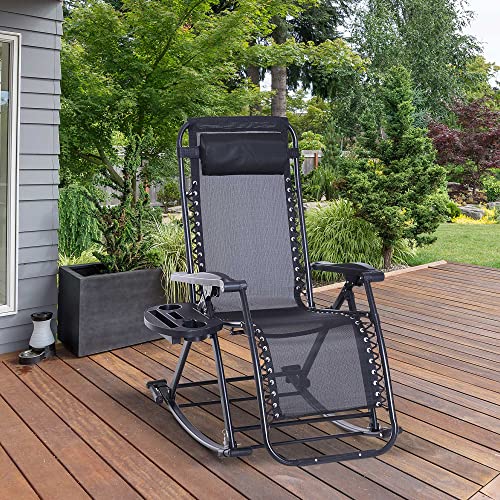 Outsunny Outdoor Rocking Chairs, Foldable Reclining Zero Gravity Lounge Rocker with Pillow, Cup & Phone Holder, Combo Design with Folding Legs, Black - color: Black, size: 1 Pack