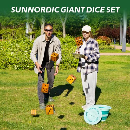 SunNordic Giant Dice Yard Game – 6 Large Wooden Outdoor Dice Set with Scoreboard & Portable Collapsible Bucket – Classic Backyard Lawn Game for Adults, Kids & Family