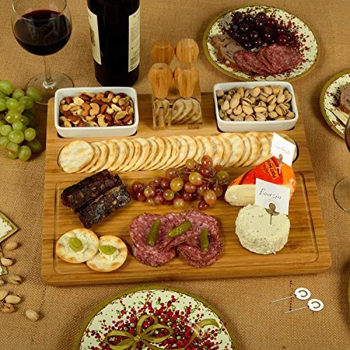 Picnic at Ascot Custom Personalized Engraved Bamboo Cheese/Charcuterie Cutting Board with Ceramic Bowls, Cheese Tools & Cheese Markers-Designed & Quality Checked in USA