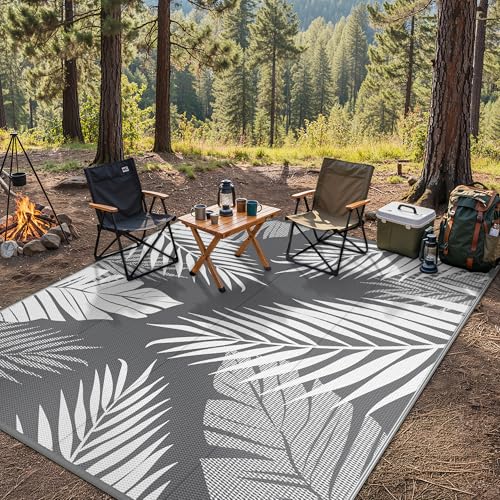 GENIMO Outdoor Rug 8' x 10' Waterproof for Patios Clearance, Reversible Plastic Straw Camping Rug Carpet, Large Area Rugs Mats for RV, Picnic, Backyard, Deck, Balcony, Porch, Beach, Grey&White - color: Grey & White | Waterproof, size: 8' x 10' (Rectangula