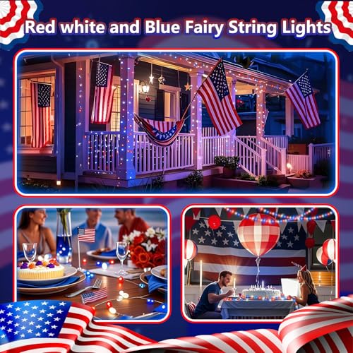 4 Pack Red White and Blue Fairy Lights Battery Operated with Remote, 33FT Waterproof 100 LED Patriotic String Lights with Timer & 8 Modes Outdoor Indoor for Independence Day 4th of July Decorations - color: Red Blue White, size: 4 Pack