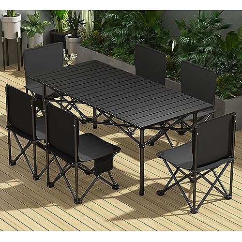 RUANLOV Folding Dining Table Set, Picnic Table Portable with Carry Bag, Folding Camping Table, Roll up Aluminum Table for Outdoor Beach Tailgating (A 120cm with 4 Chairs) - color: A