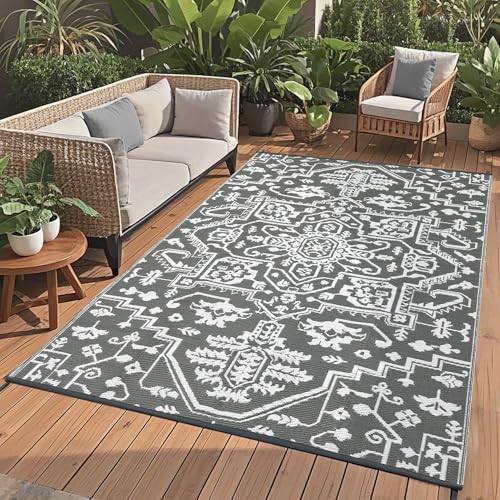 GarveeHome Outdoor Rug 8x10 Vintage Reversible Plastic Straw Rugs Vintage Medal Patio Rug Waterproof Camping Outdoor Rug UV-Resistant Outside Mat for Porch Deck Backyard Balcony Garden, Gray White - color: Vintage | Grey White, size: 8' x 10' (Rectangular