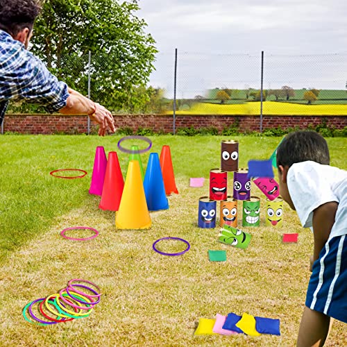 36PCS Carnival Games Combo Set 4 in 1 Bean Bag Toss Can Games Plastic Cone Ring Toss Game for Indoor Outdoor School Field Day Birthday Party Yard Game for Kids Adults