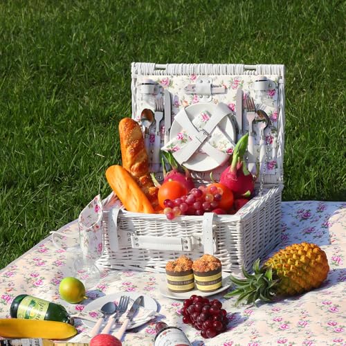 Picnic Basket Set for 4 with Waterproof Blanket Mat Insulation Bag Wicker Pink White Floral Classic Fresh Gift for Christmas Thanksgiving Wedding Birthday Camp Outdoor Beach Travel - color: White Floral
