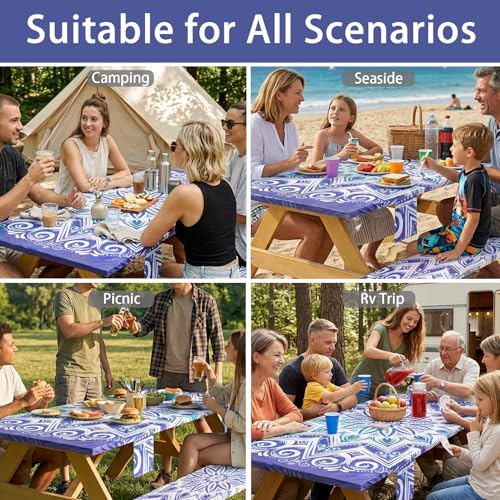 Fitted Waterproof Picnic Table Cover with Bench Covers Elastic Stain Resistant Camping Table clothes for 6Feet Rectangle Tables Outside Parties Necessities Gift Travel Trailers Trips Rv Things - color: Blue Mandala Flower, size: 72" x 30" (Rectangular)