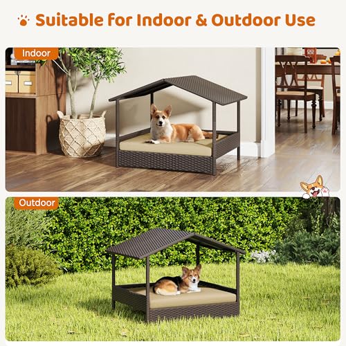 Yaheetech Wicker Dog House Outdoor Indoor with Canopy, Elevated Dog Shelter Dog Bed with Cushion for Small/Medium Dogs, Shade for Deck, Patio, Yard, Pool Brown House, Khaki Cushion