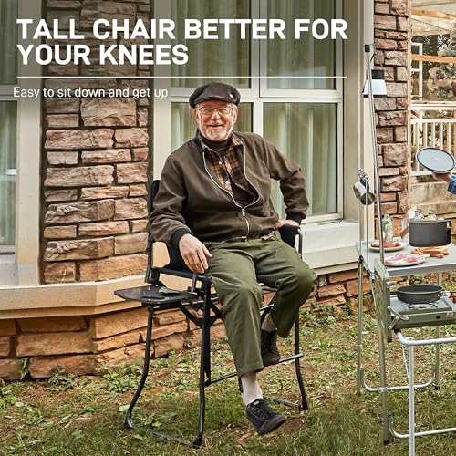 EVER ADVANCED Portable 30.7" Seat Height Tall Folding Camping Chair Directors Chair High Foldable Bar Stool with Side Table for Makeup Artist, Sports Event, Craft Show, Supports 350LBS - color: Black Grey