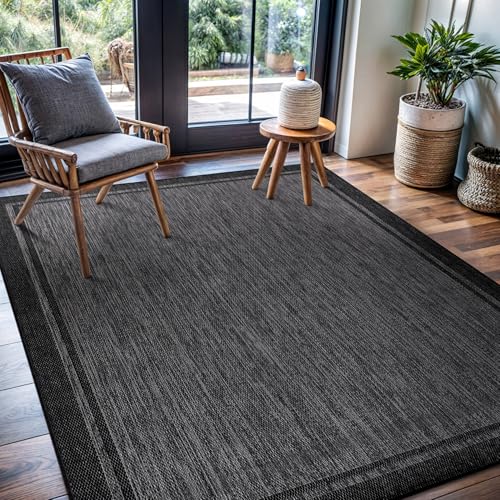 CAMILSON Indoor Outdoor Rug, 6x9 Bordered Dark Grey Black Modern Area Rugs for Indoor and Outdoor Patios, Kitchen and Hallway Mats, Washable Porch Deck Outside Carpet (Bordered Black, 6 x 9) - color: Bordered Black, size: 6'7" x 9' (Rectangular)