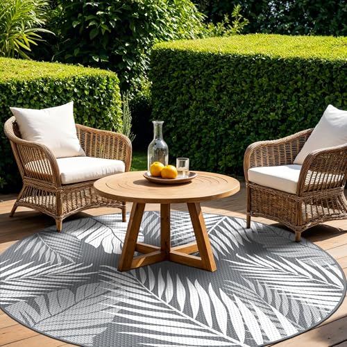 GENIMO Outdoor Rug 10' Round Waterproof for Patios Clearance, Reversible Outdoor Plastic Straw Camping Rug Carpet, Large Area Rugs Mats for RV, Camper, Deck, Balcony, Porch, Beach, Picnic, Grey&White - color: Grey & White | Waterproof, size: 10' (Round)