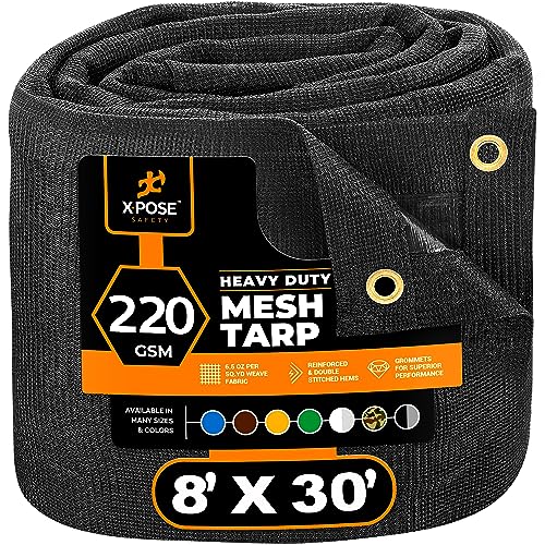 Xpose Safety Heavy Duty Mesh Tarp – 8' x 30' Multipurpose Black Protective Cover with Air Flow - Use for Tie Downs, Shade, Fences, Canopies, Dump Trucks – Waterproof, Weather and Tear Resistant - color: Black, size: 8' X 30'