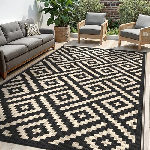 sarben Outdoor Rug for Patio - Waterproof Plastic Straw Camping Rugs 6x9 ft, Reversible Outdoor Indoor RV Mat Carpet for Patio, Porch, Deck, Balcony, Picnic, Beach, Black Beige - color: Black&beige, size: 6' x 9' (Rectangular)